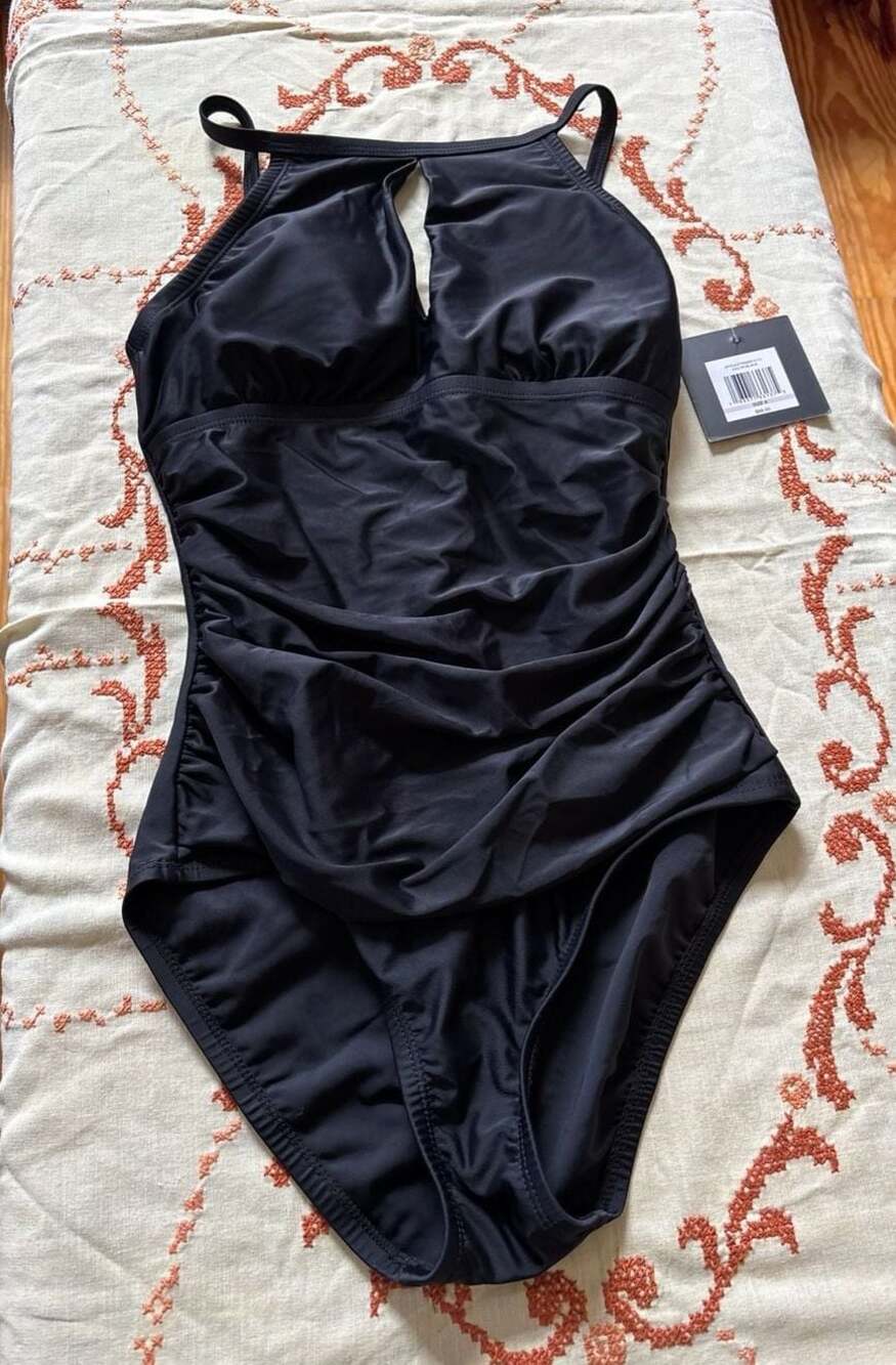 Ellen Tracy Black High Neck Keyhole Ruched One Piece Swimsuit Size 6